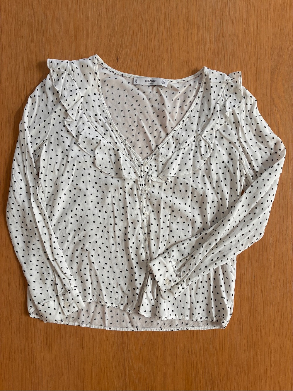 Mango-Polka Dot Long-Sleeve-Romantic-Blouse-V Neck-Ruffles-Feminine-XS